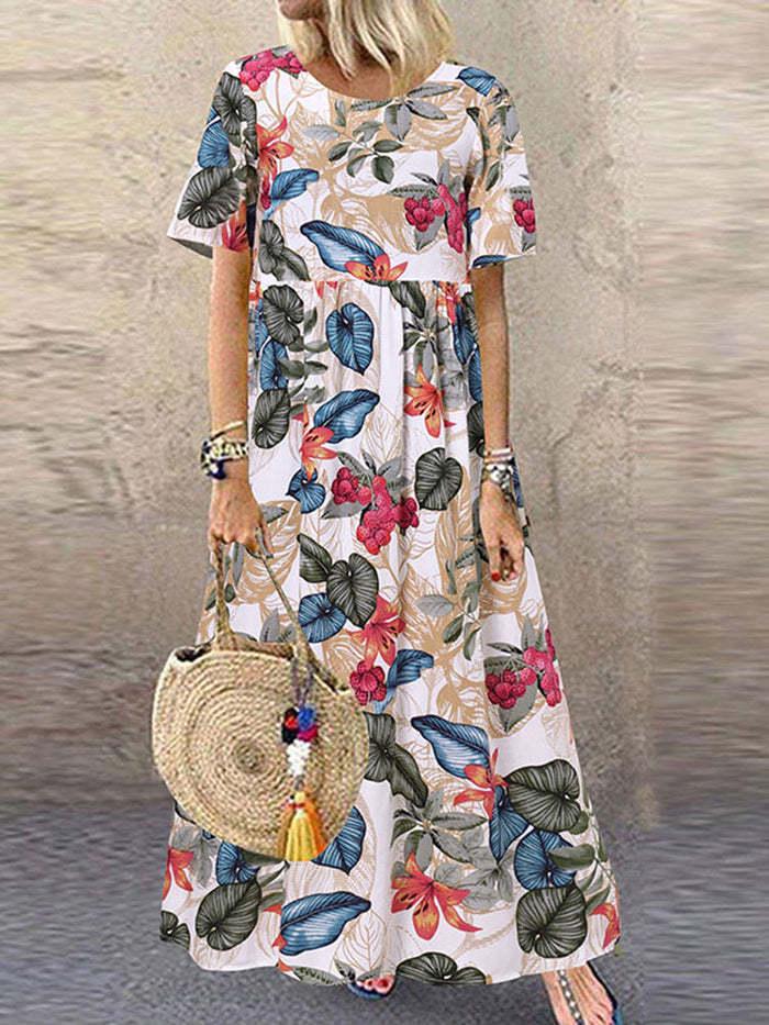 Rochie lungă retro pentru femei 2023, cu imprimeu floral, lejeră, cu mânecă scurtă - Stil european și american, Gât rotund, Casual