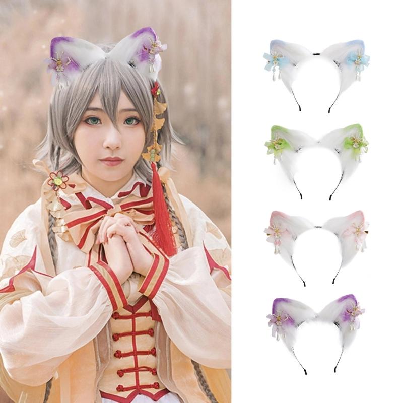 Bandeau Oreilles de Chat Dessin Animé avec Épingle à Cheveux Fleurie Support de Cheveux Accessoire de Tête Cosplay Fête
