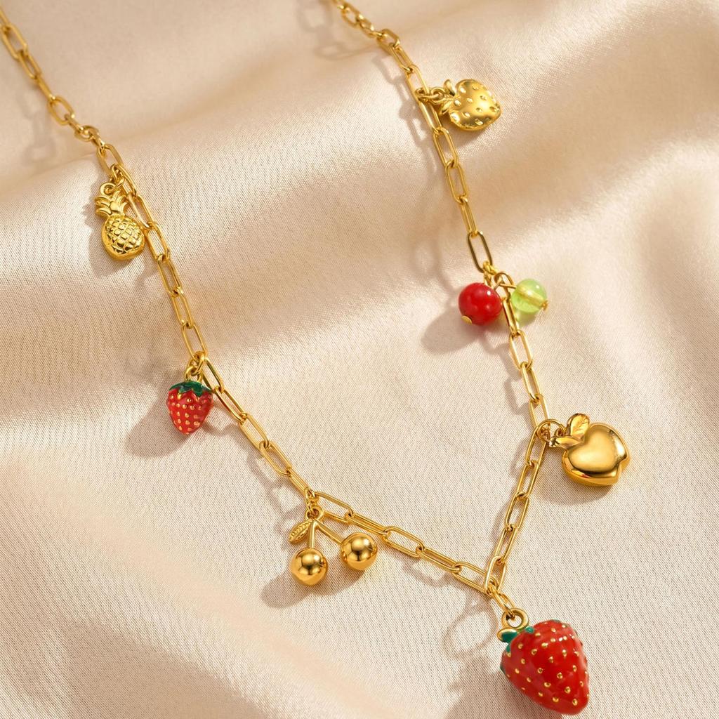 Fruit Necklace for Women, Adjustable Paperclip Chain, Y2K Cute Strawberry Apple Cherry Enamel Charm Pendant Jewelry Gift