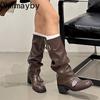 Winter Vintage Pleated Woman Knight Boots Fashion Belt Buckle Thick Heel Shoes Ladies Slip On Modern Mid Calf Botas