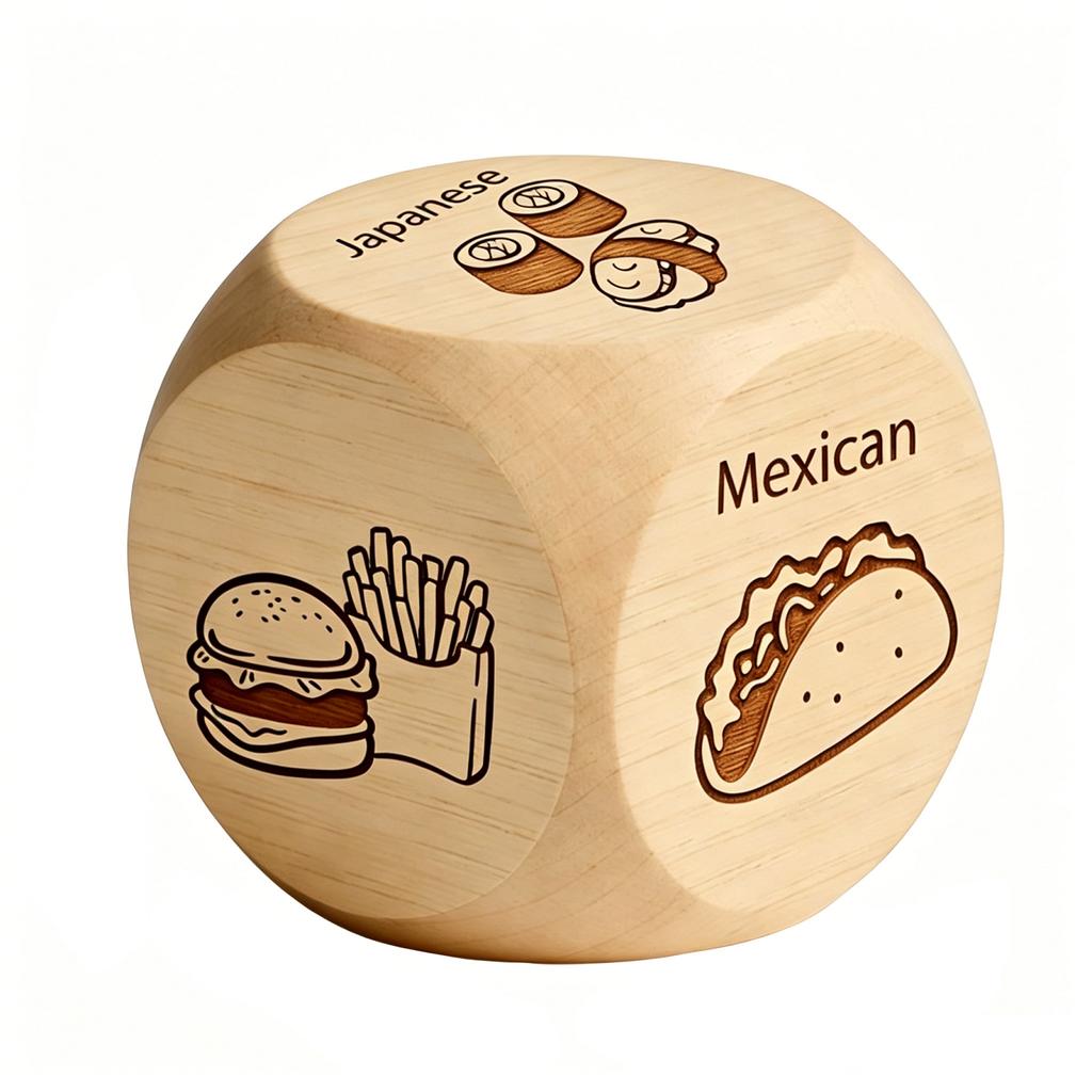 Wooden Food Decision Dice for Meal Choices Fun Eating Game Tool with Various Cuisine Options Japanese Mexican Burger Fries and More