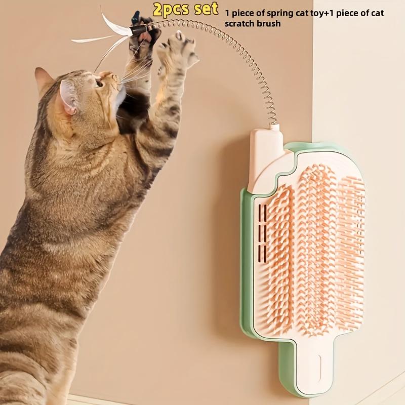 2pcs Ice Cream Shaped Cat Grooming Tool Set with Spring Teaser Wand, Pet Deshedding Brush and Massage Scratcher for Kittens