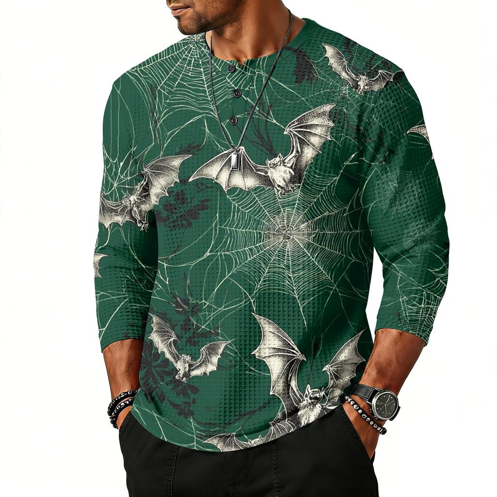 Men's Casual Halloween Print Henley Shirt Raglan Sleeve Three Quarter Sleeve Top with Button Placket for Daily Wear