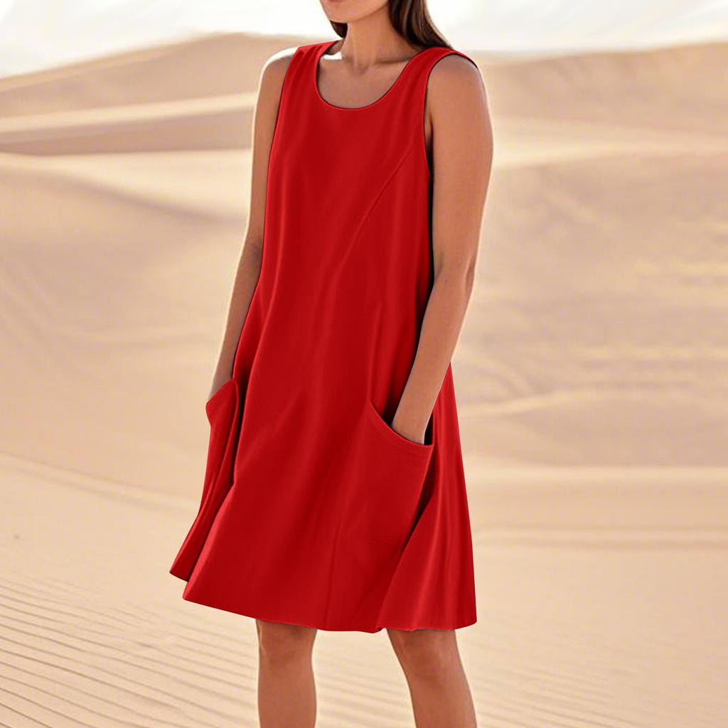 Sommerkleider für Damen, lockerer Strandurlaub, lässig, ärmellos, Sommerkleider mit Taschen, Tankkleid