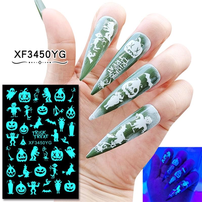 12sheet Luminous Halloween Nail sticker Fluorescent Stickers Glow In The Dark Self Adhesive Halloween Nail Art Stickers