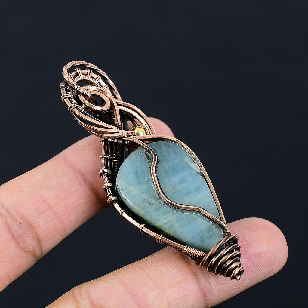 Wonderful Aquamarine Gemstone Handmade Pure Copper Wire Wrapped Pendant Jewelry