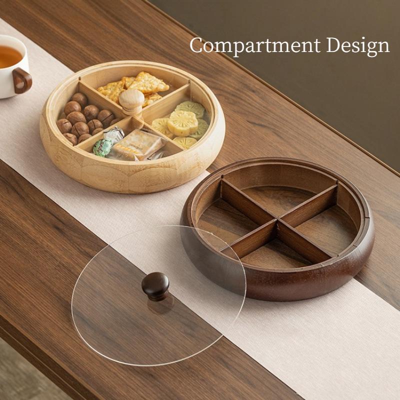 Chinese Style Bamboo Tea Tray with Lid, Luxury Round Fruit Platter with Compartments for Afternoon Tea Snacks, Home Serving Tray