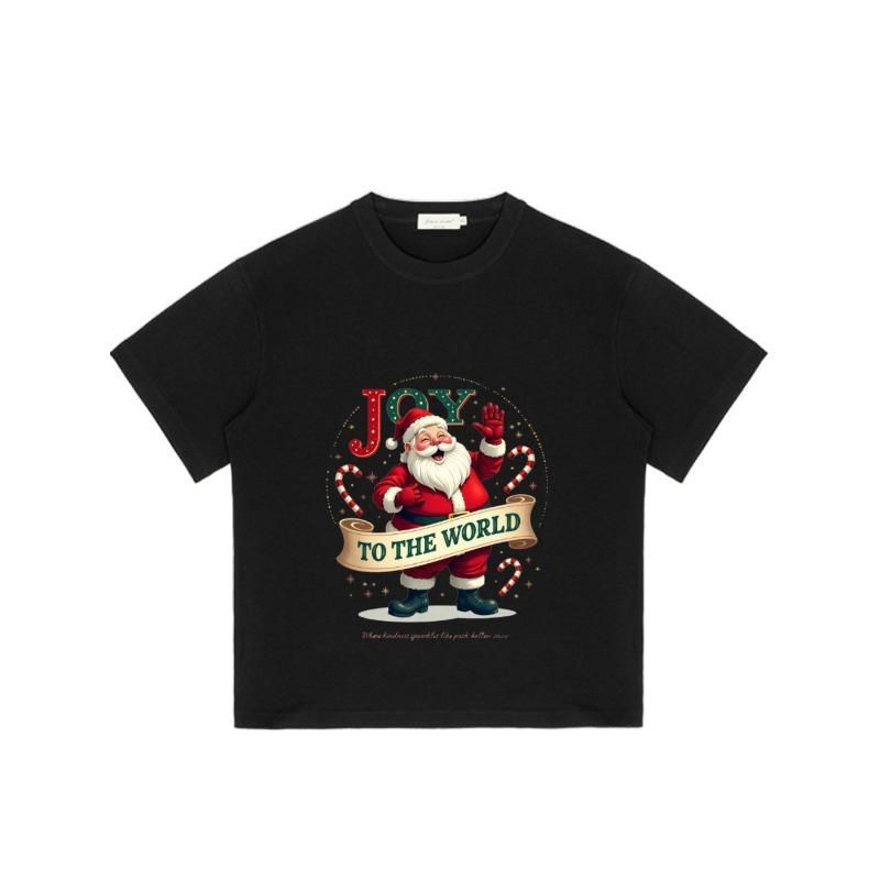 Christmas T Shirt Black Santa Claus Joy To The World Print Holiday Party Wear