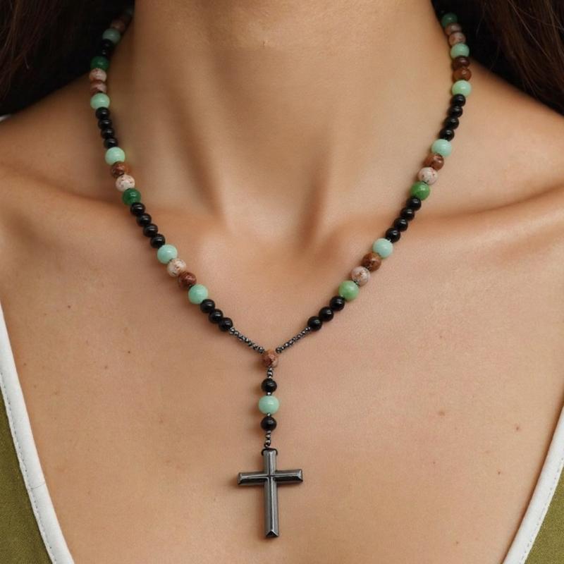 Handcrafted Crosses Pendant Jewelry Brown Tigers Eye Stones Unisex Daily Wear Mens Jewelry with Silver Spacers