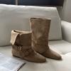 Retro Niche Suede Heightened and Folded Two Wear Belt Buckle Western Cowboy Boots Short Boots Women's Martin Boots