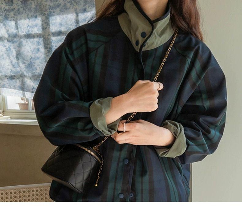 Women's Versatile Reversible Plaid Short Jacket - Korean Style, Spring/Autumn 2025, Loose Fit, Small Size Trench Coat