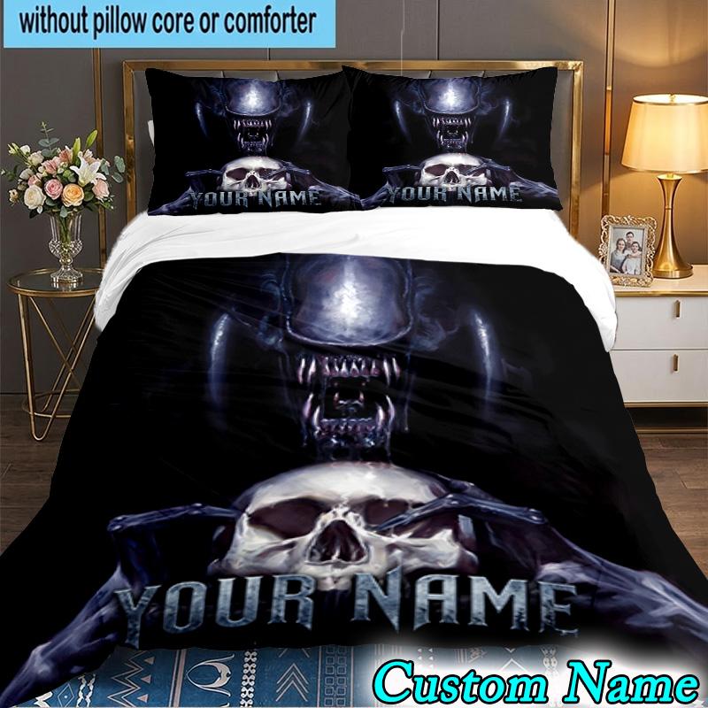 Custom Name 3PCS Alien Fire Bedding Set,Including Duvet Cover And 2pcs Pillowcases Perfect for Bedroom,Dormitory,Fan Christmas gift