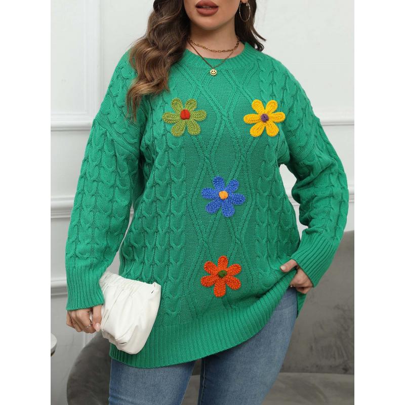 Women s Pullover Top Plus Size Women s Round Neck Woven 3D Embroidered Floral Patchwork Base Sweater L