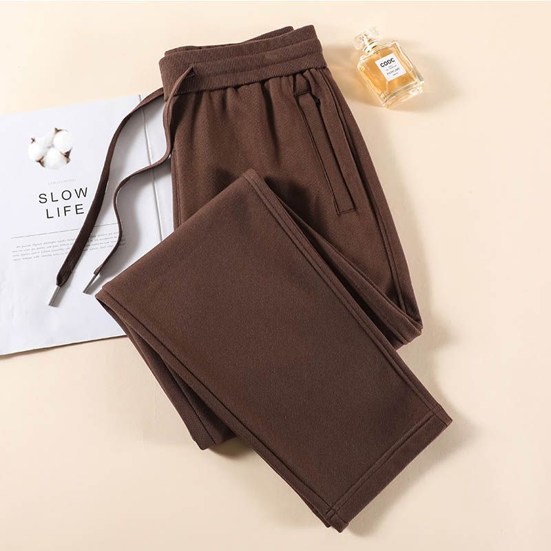 Pure Cotton Apricot Casual High Waist plus Size Straight Sports Pants