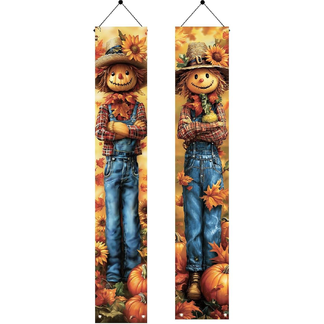 2PCS Fall Porch Sign Scarecrow Porch Banner Autumn Harvest Door Decoration Thanksgiving Front Door Decor Rustic Farmhouse Vertical Outdoor Hanging Sign Scarecrow