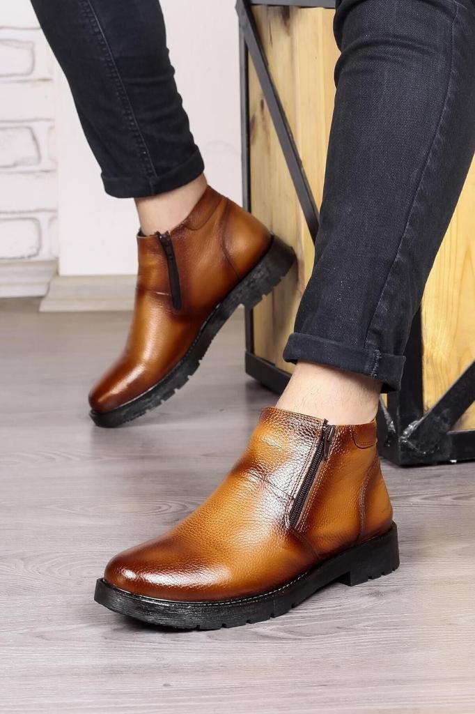 Men's Fashion Genuine Leather Flat Heeled Boots Bootie Chelsea Non-Slip Sole Zippered Casual Boots Black Shoes