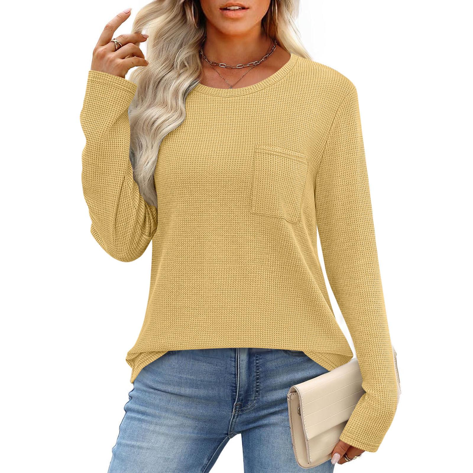 

Women s European & American Style Long Sleeve Waffle Knit Top - Loose Fit Casual Pocket T-shirt Extra Large жёлтый