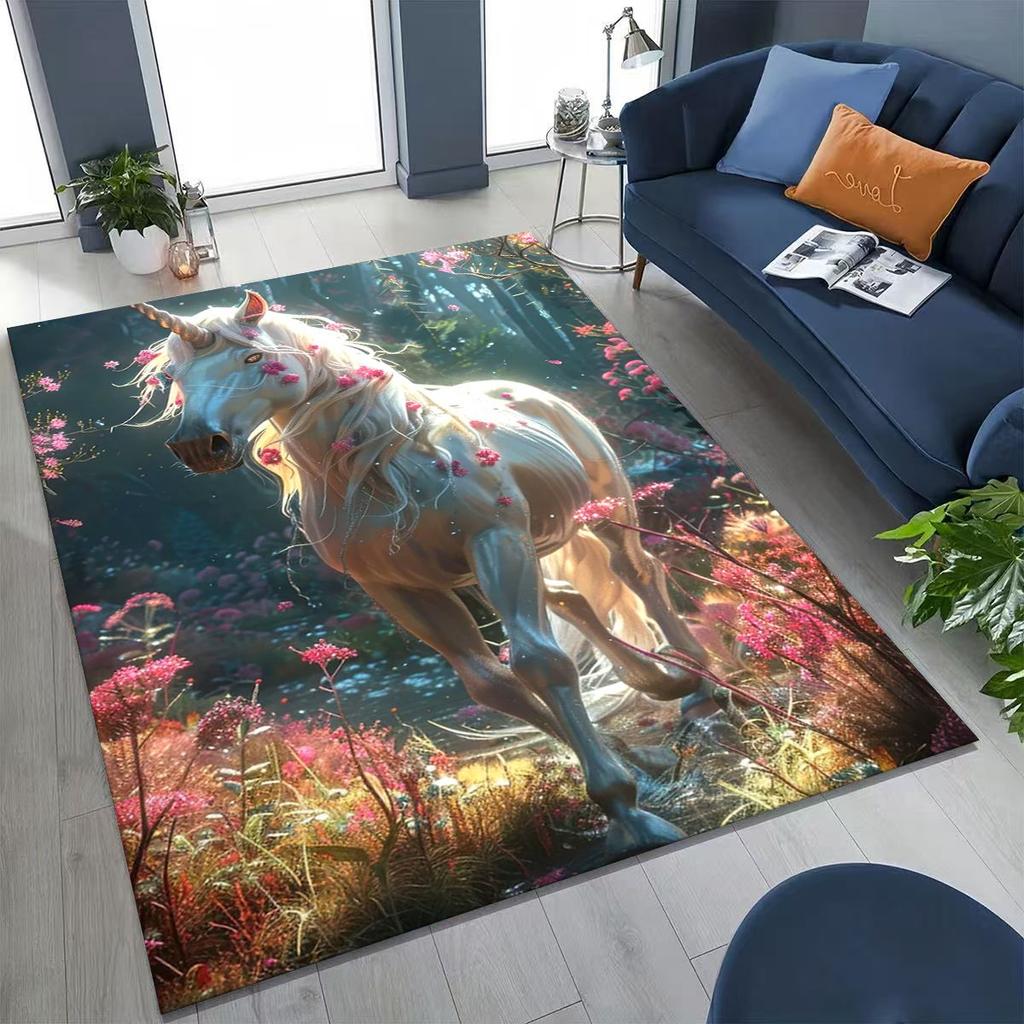 Cartoon Rainbow Unicorn Elves Girl Gift Rug for Bedroom Living Room Sofa Home Doormat Decor, Large Kid Play Non-slip Floor Mat