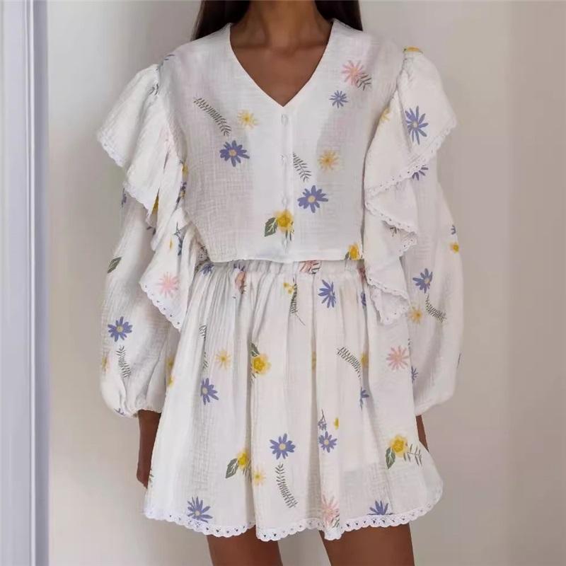 

Хлопково-льняной комплект с короткой юбкой с оборками и принтом клубники, домашняя одежда, летний наряд для женщин США Великобритания Европа XL