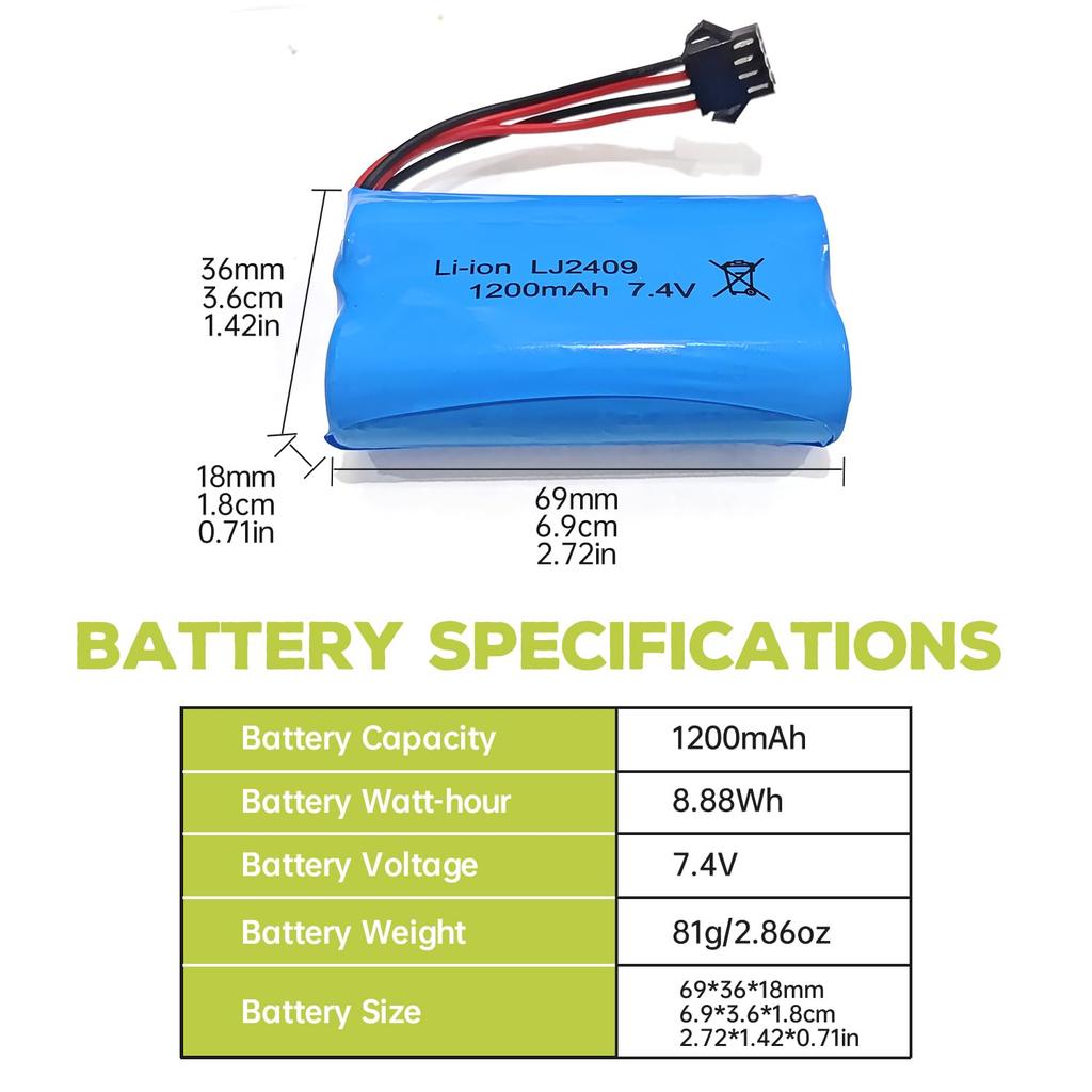 2PCS 7.4V 1200mAh SM-4P Plug Rechargeable Battery with USB Charging Cable for EC08 RC Toy Car Model, Off-Road Vehicle, Hill Climbing, Drifting,