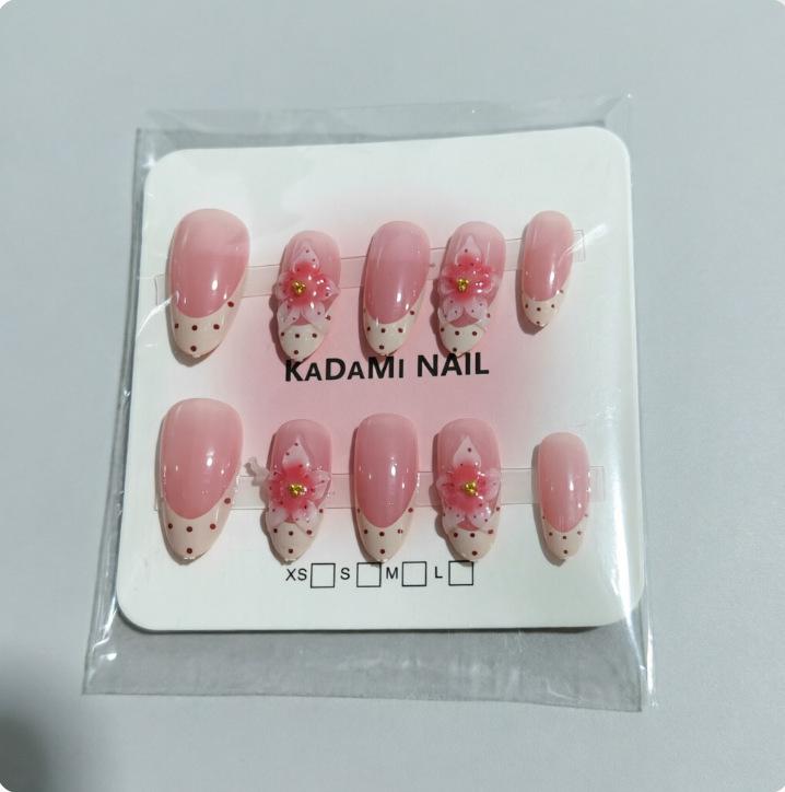 Nude French Polka Dot Almond Shape Nails with Pink 3D Flowers