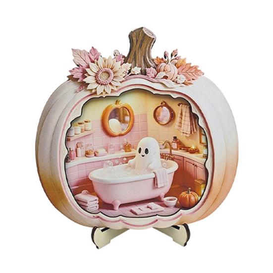 Cute Pastel Pumpkin Ornament Halloween Ghost Wooden Plaque, 2D Flat Tabletop Sign, Desktop Festive Home Accessory Spooky Bathing Reading for