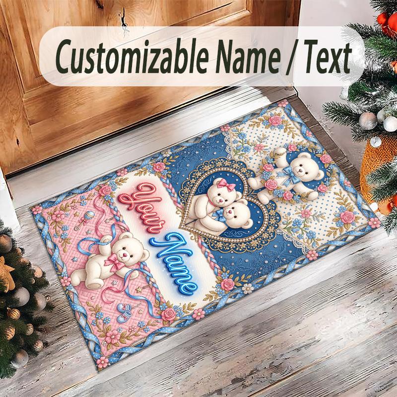 Alfombra de Terciopelo de Cristal con Temática de Osito de Peluche, Alfombrilla Suave para el Suelo con Nombre de Texto Personalizado, Decoración del Hogar