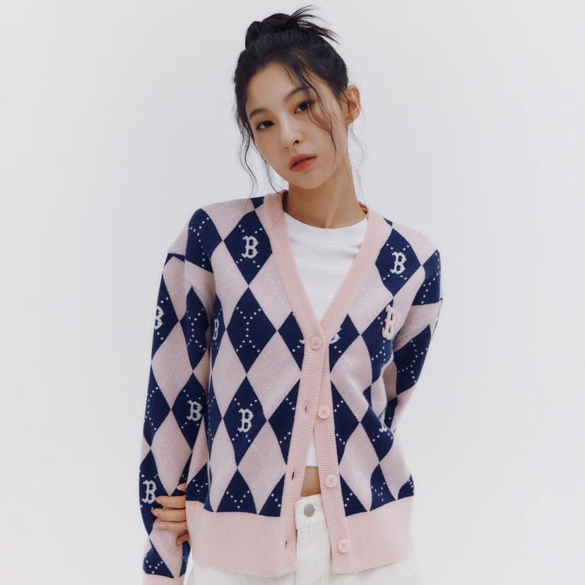 MLB Boston Red Sox Letter Print Single-Breasted Knit Sweater Women sweater Light-Pink 3FKCM0134-43PKL