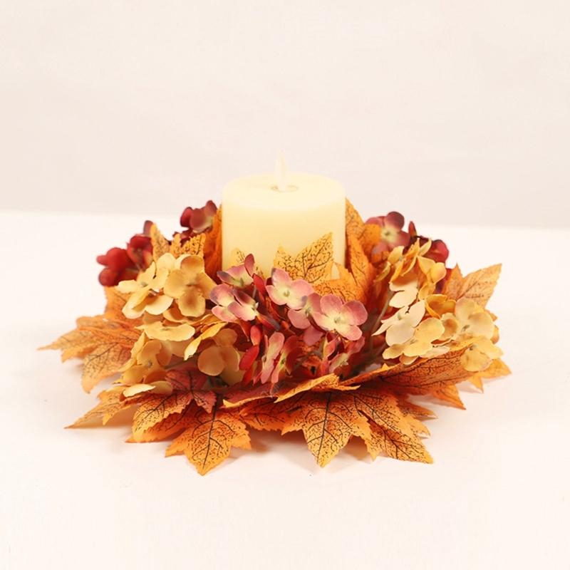 Autumn Candle Holder Wreaths Maple Leaf Garlands Small Flower Rings Decorative Thanksgiving Decorations for Dining Room