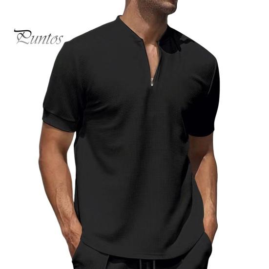 

Мужская рубашка с воротником-стойкой, короткий рукав, однотонный пуловер, топ с молнией, дышащая футболка для фитнеса, спорта, путешествий, офиса, повседневной одежды 3XL чёрный