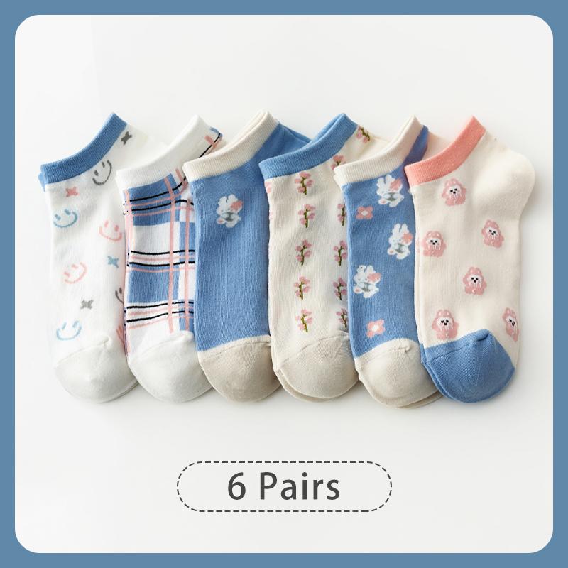6 Pairs of Women Is Summer Thin Short Socks Sweet Cute Breathable Mesh Comfortable and Small Floral Fragments