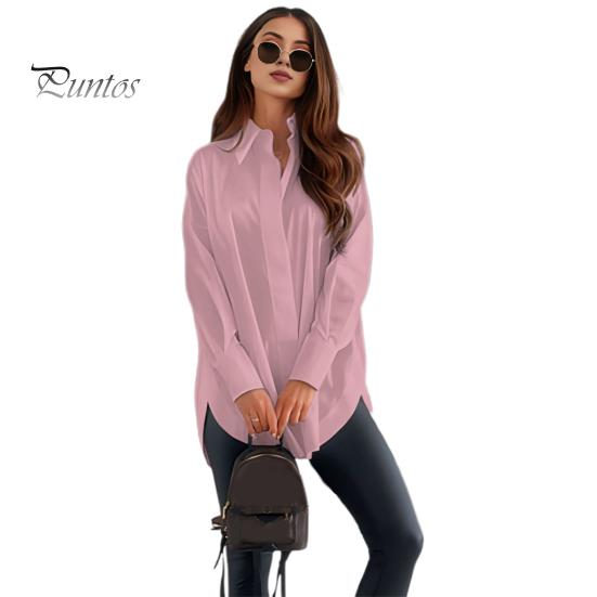 

Женская повседневная рубашка с лацканами, длинный рукав, однобортная рубашка, однотонная, свободная, для поездок на работу, офисная женская рубашка S розовый
