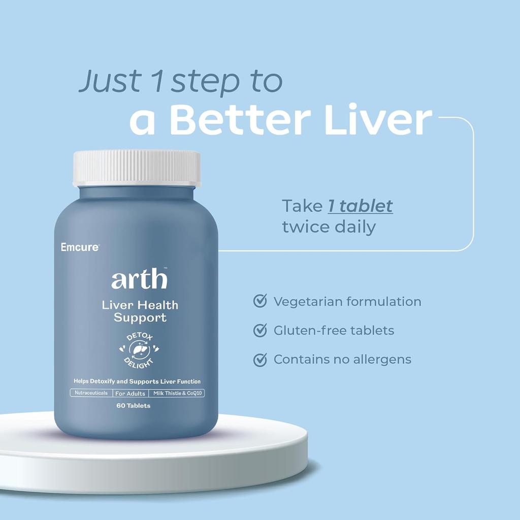 Arth Liver Health Supplement with Milk Thistle, CoQ10, Vitamins C & E, 60 Veg Tablets for Detox & Digestion