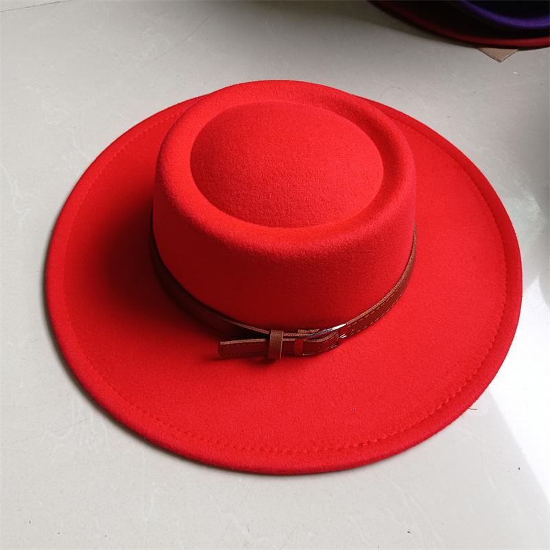 2026 Fedora Hat Winter Round Convex Flat Top Belt Accessories Rose Red Felt Jazz Hat for Men and Women Fedora Gorras