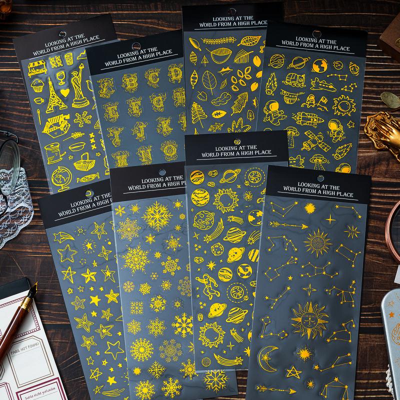 1 Piece Flat Sticker, Gold Foil Snowflake Star & Zodiac Galaxy Design, Creative Journal DIY Deco, Self-Adhesive for Scrapbook