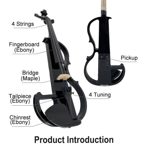 Yinfente Electric Violin 4/4 Full-Size Quiet 4-String Student Beginner's Violin with Wood Parts, Case, Bow, Shoulder Pillow, and Wired Earphones (Blac