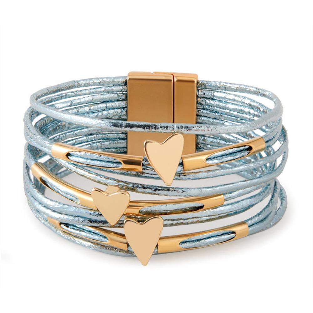 

Металлический браслет-сердце Магнитная застежка Многослойный браслет Элегантный кожаный браслет Женский синий