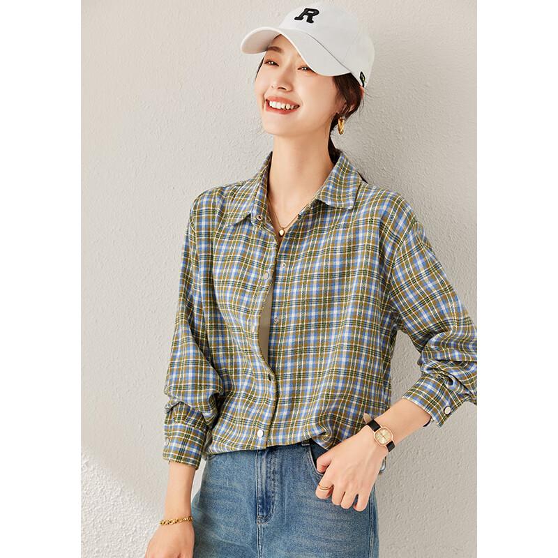 Women's Retro Green Plaid Long Sleeve Shirt