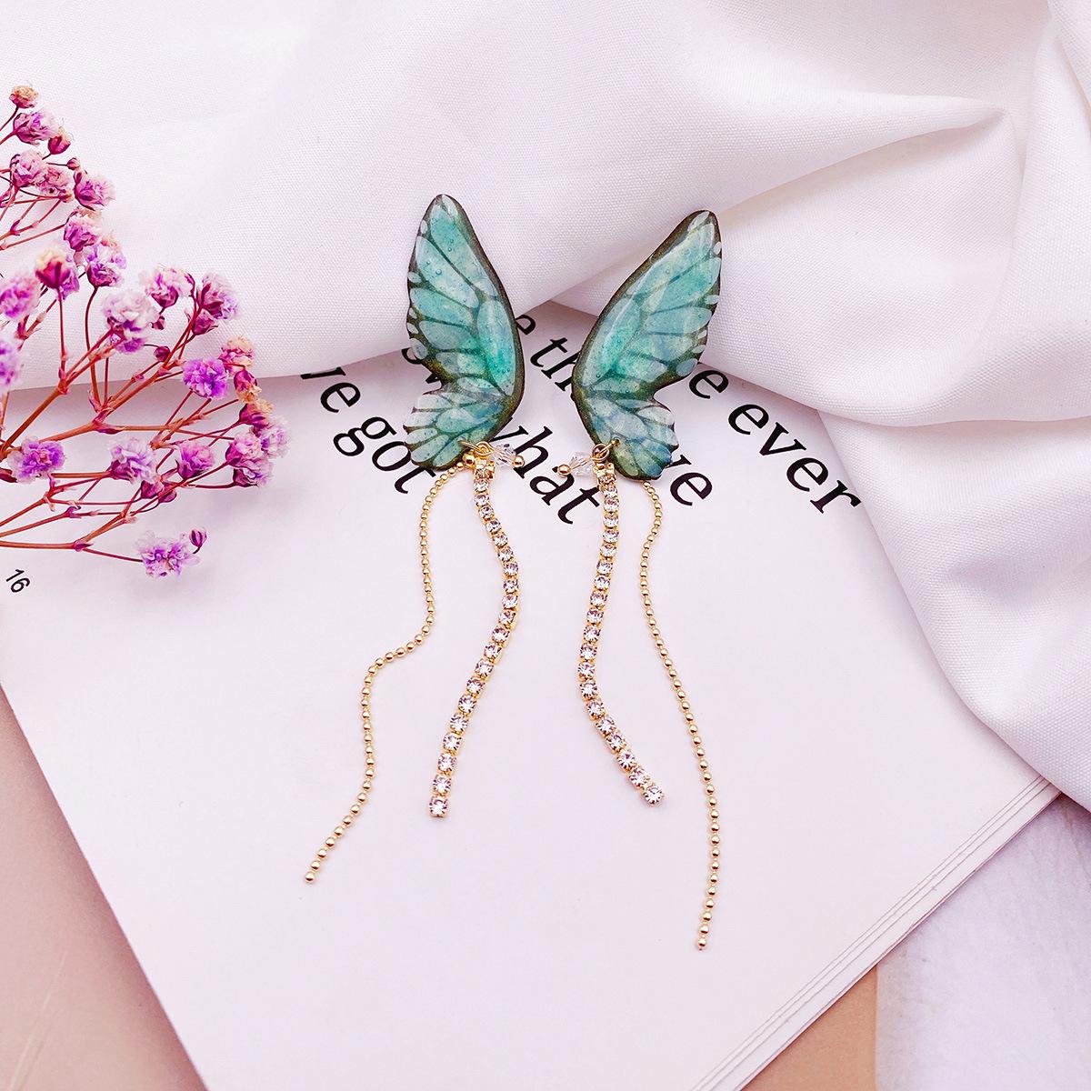 European and American style fashion three-dimensional butterfly earrings, simple personality wish long full diamond tassel cicada wing earrings