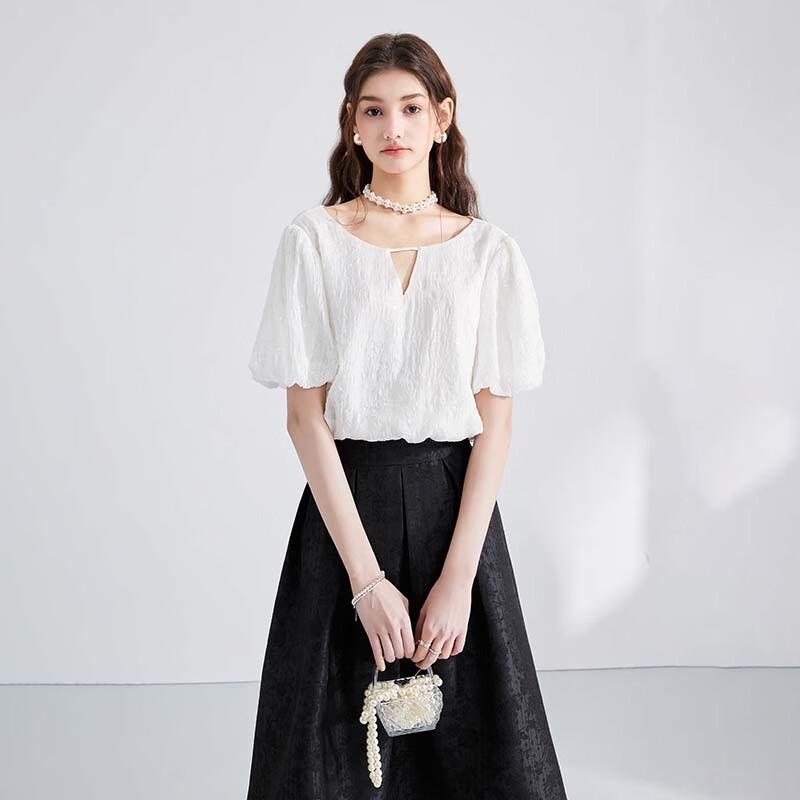 Qiushui Yiren Women s Sequin Chiffon Bubble Sleeve Top L