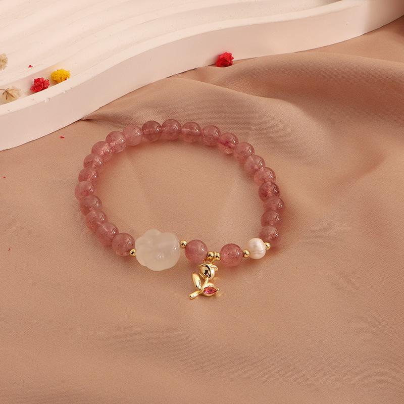 Natural Strawberry Crystal Bracelet, Peach Blossom Bracelet, Moonstone Cat's Claw Crystal Pixiu Natural Freshwater Pearl Bracelet.