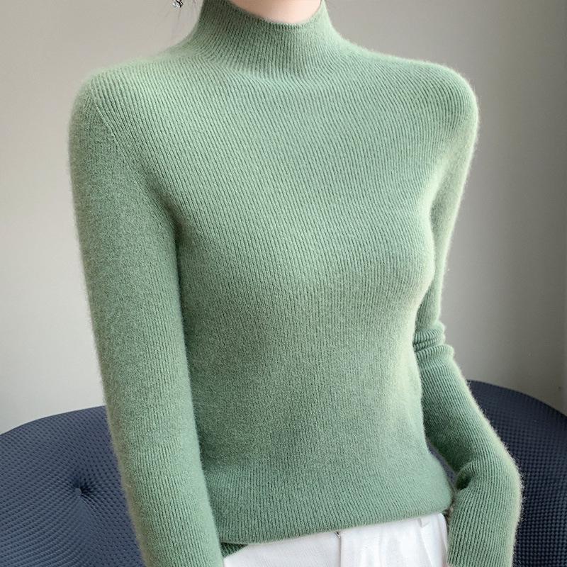 Women's Slim Fit Solid Color Knit Pullover Sweater – Autumn/Winter Long Sleeve Half-High Neck Base Layer
