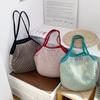 Spring Dopamine Contrasting Color Beach Bag Mesh Pocket Hollow Woven Bag Island Vacation Picnic Travel Shoulder Handbag