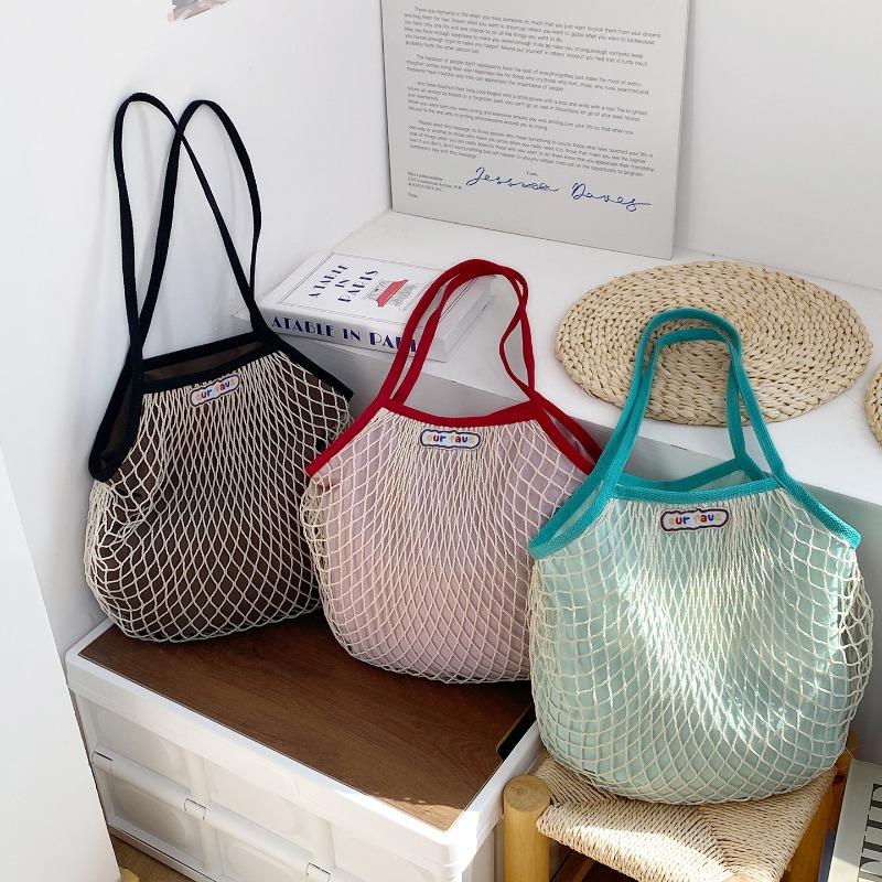 Spring Dopamine Contrasting Color Beach Bag Mesh Pocket Hollow Woven Bag Island Vacation Picnic Travel Shoulder Handbag