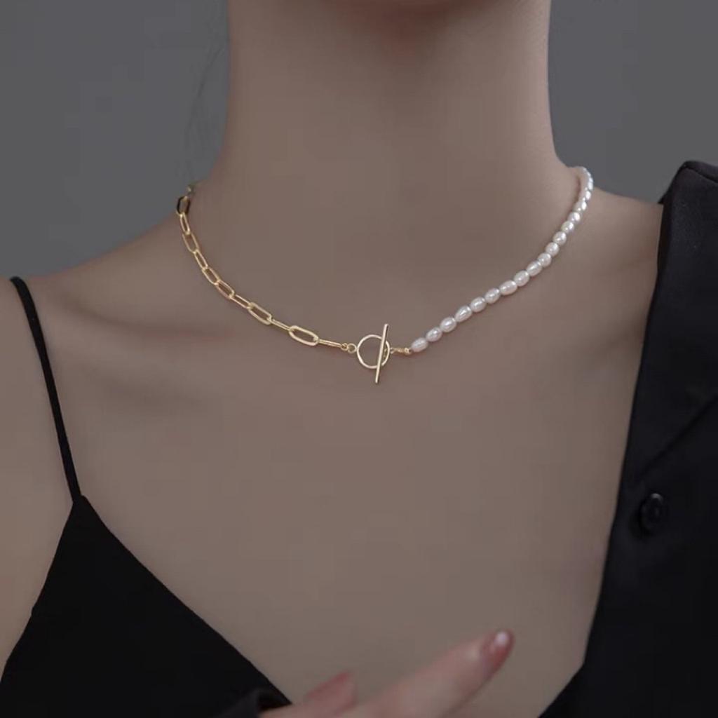Rice Grains Freshwater Pearls Link Splicing Ot Buckle Necklace Femininity Fashion Metal Wind Short Collarbone Neck Chain