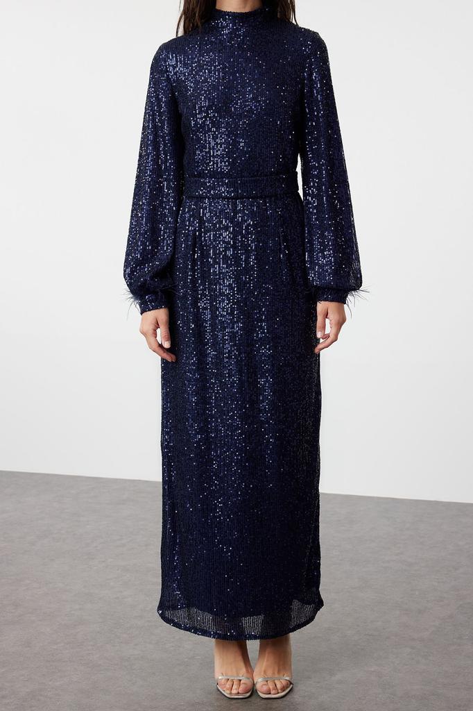 Women's Fashion Navy Blue Otrisch Detailed Sequined Evening Dress