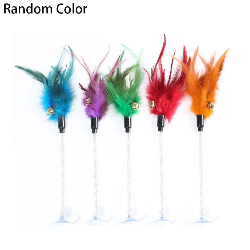 Swinging Spring Feather Cat Teaser with Suction Cup, Interactive Cat Toy with Sounding Bell, Teaser Wand Toys