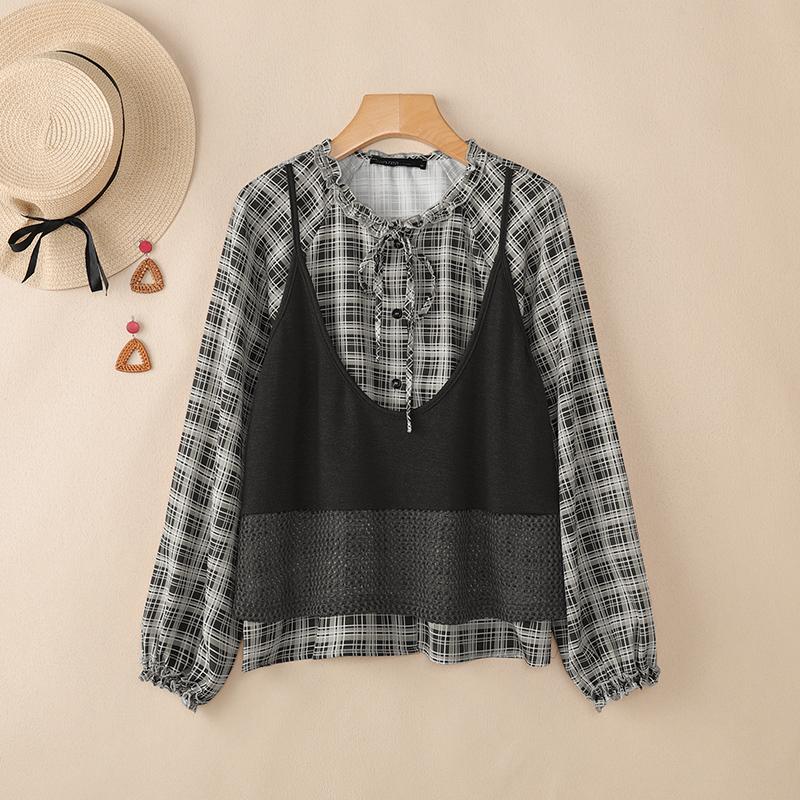 ZANZEA Damen Karo Druck Lässige Rundhals Langarm Bluse