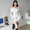 Pure desire spice girl splicing one-word shoulder dress women's waist and thin black dress slim-fitting hip-wrapped short skirt