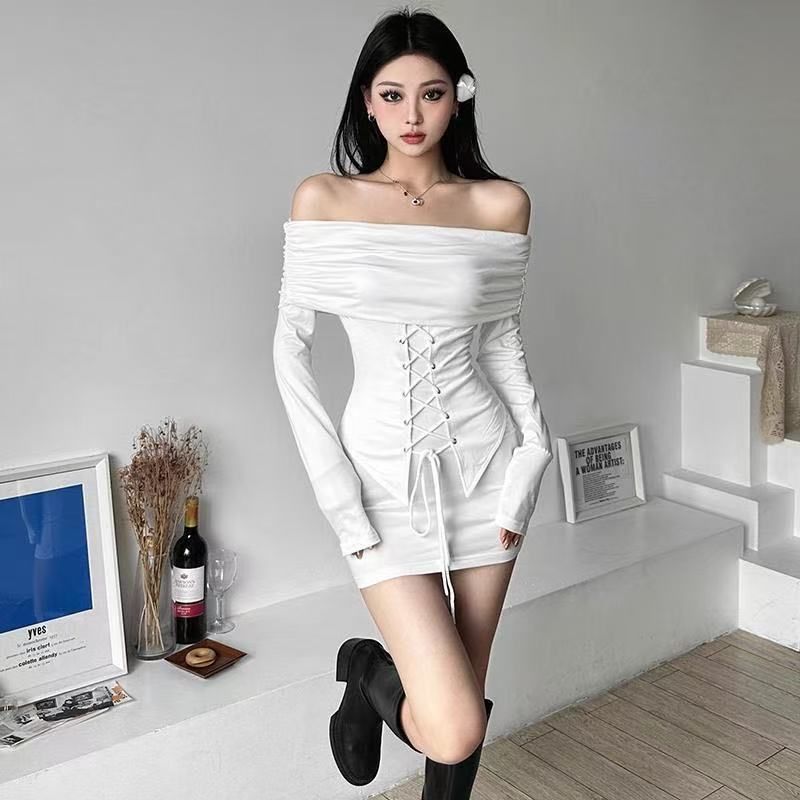 Pure desire spice girl splicing one-word shoulder dress women's waist and thin black dress slim-fitting hip-wrapped short skirt